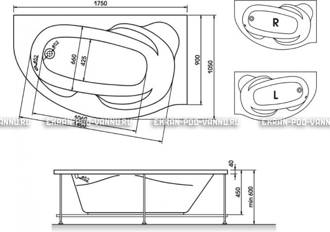 Акриловая ванна Relisan Liliya 175x90 – купить по цене 24570 руб. в интернет-магазине в городе Ростов-на-Дону картинка 3